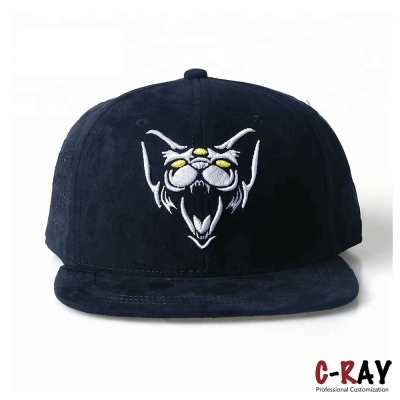 Navy 6 Panel Faux Suede Flat Brim Snapback Cap with embroidery logo