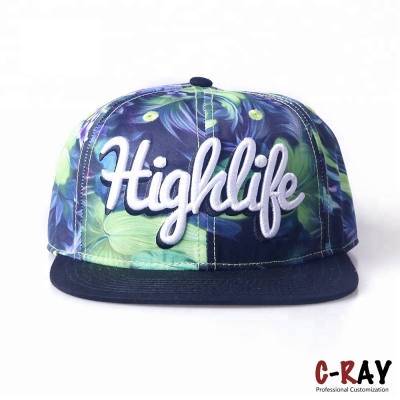 Wholesale Flat Bill 6 Panel Sublimation Printing Floral Snapback Cap