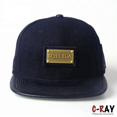 6 Panel Flat Brim Custom Plain Cap With Metal Badge