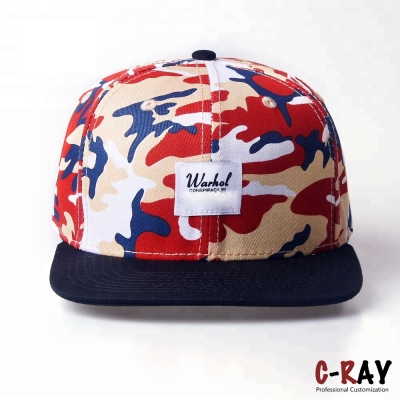 Custom Private Label Cap Digital Print 6 Panel Flat Brim Snapback Camo Hat