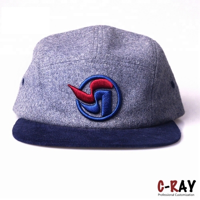 Bulk cheap grey color custom logo wool 5 panel hat